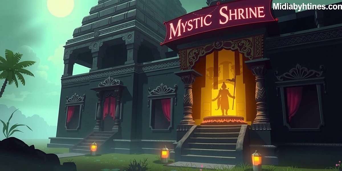Mystic Shrine Adventure game screenshot showing ancient Indian temple with mystical light